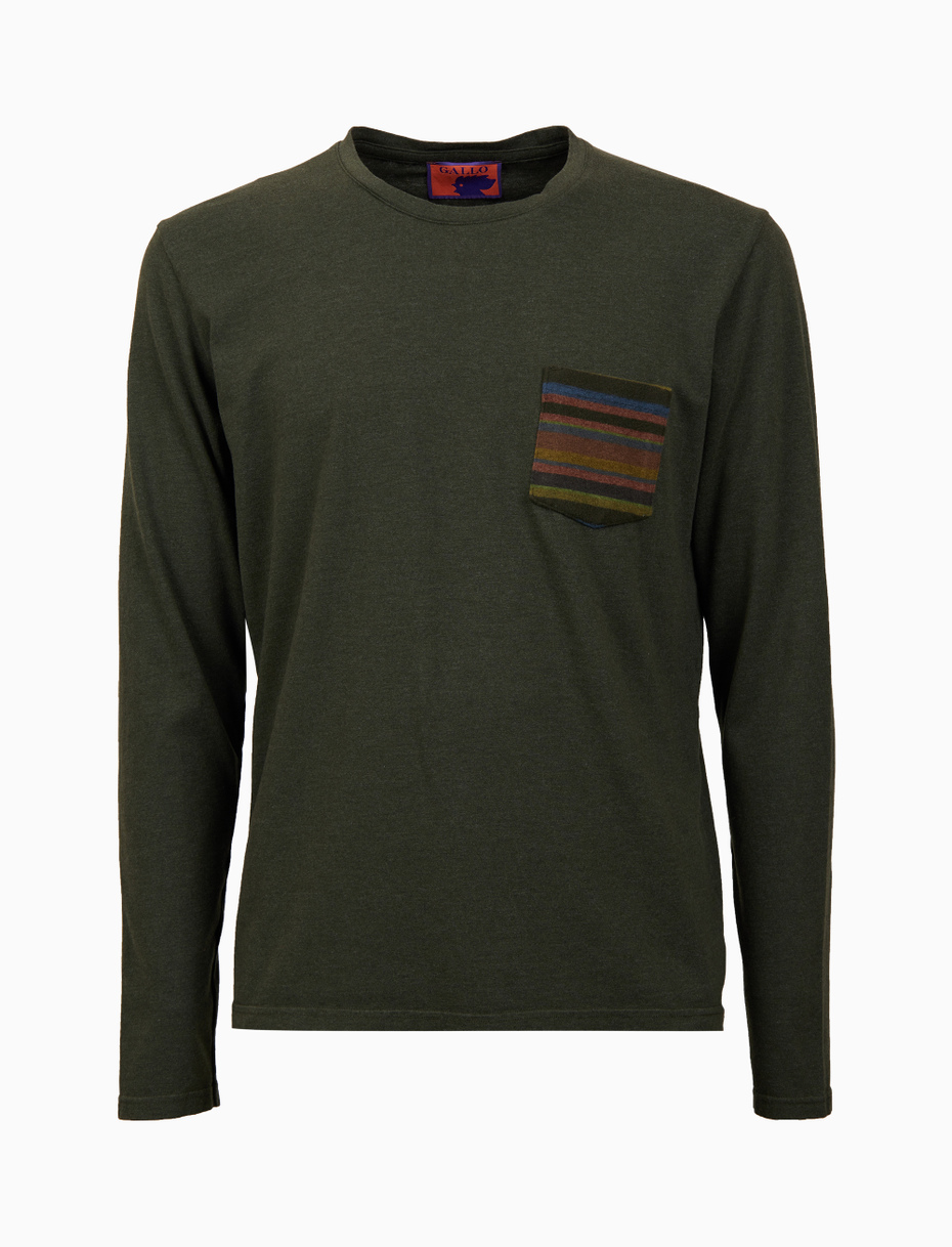 T shirt maniche lunghe uomo cotone verde tinto capo e taschino pile multicolor Gallo