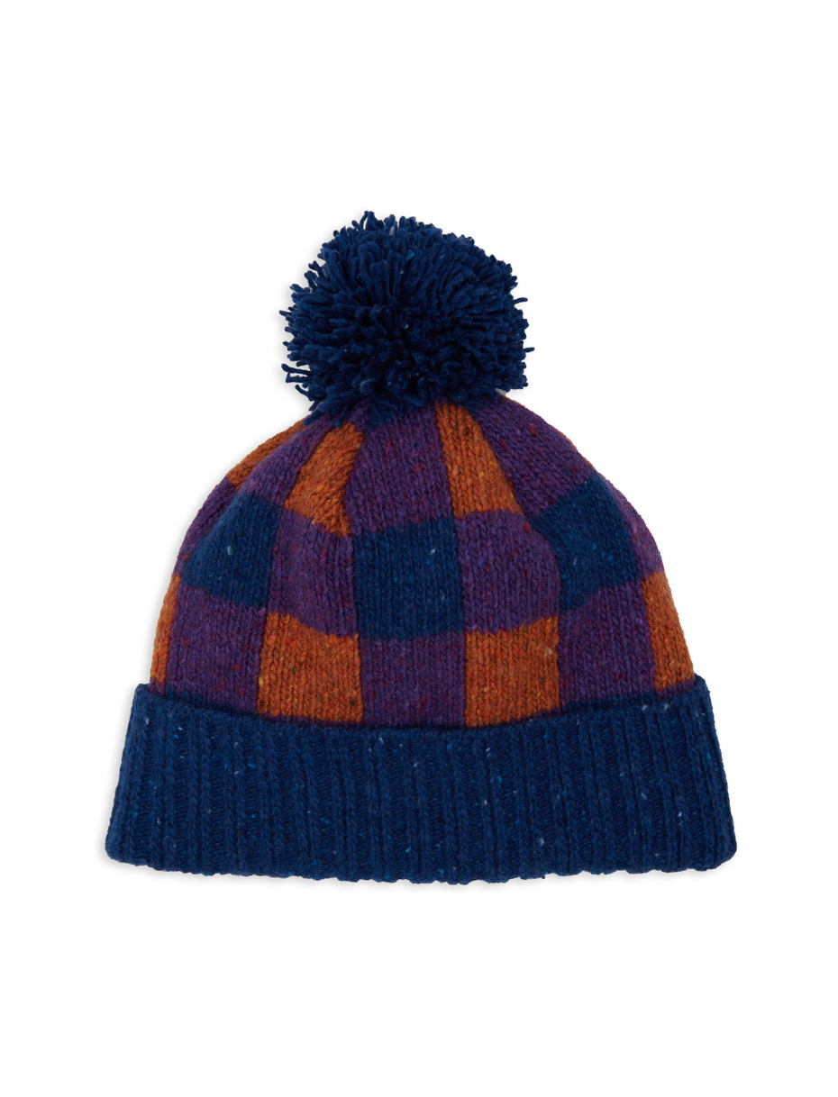 Berretto con risvolto e pom pon unisex lana viola fantasia scacchiera - Gallo 1927 - Official Online Shop