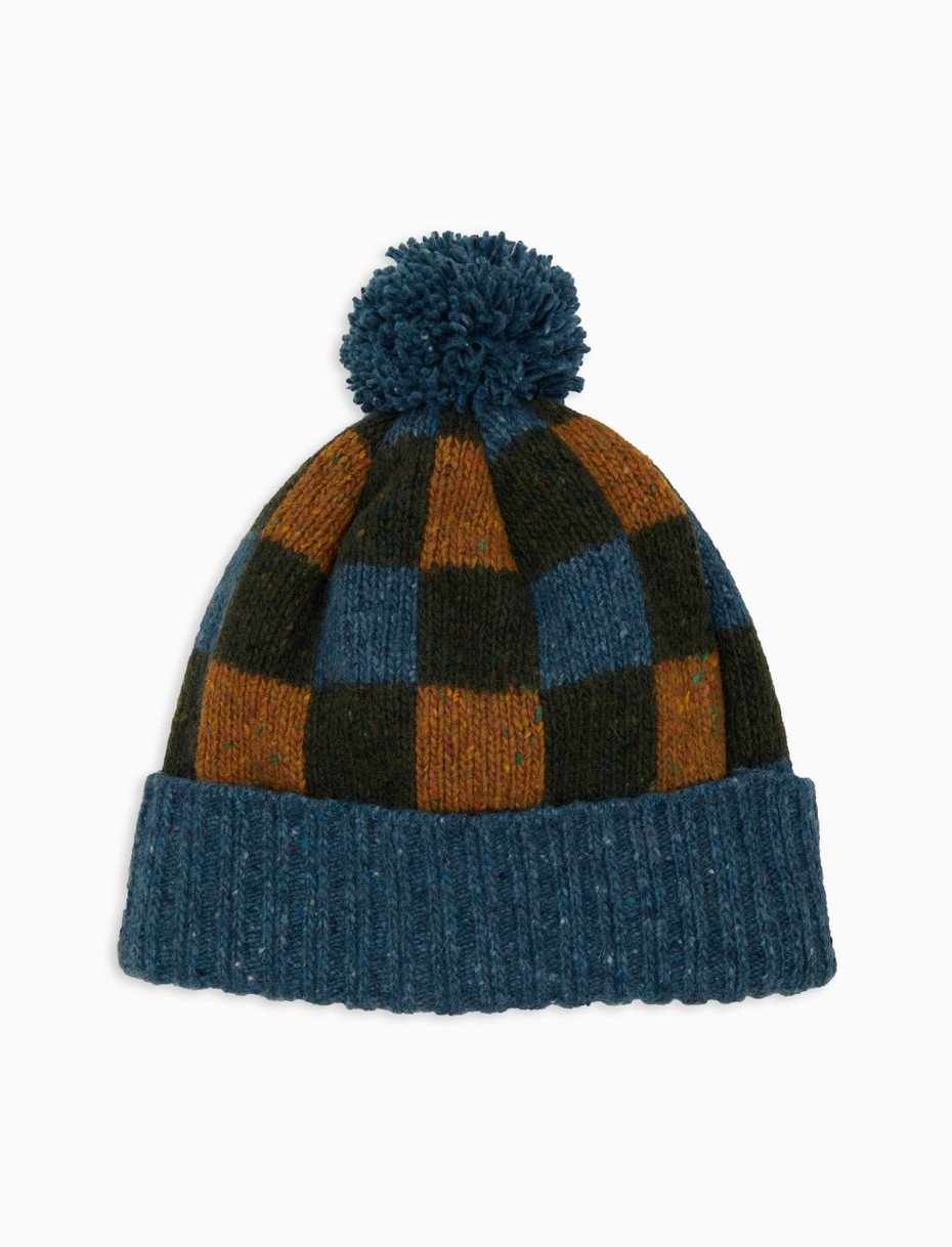 Berretto con risvolto e pom pon unisex lana verde fantasia scacchiera - Gallo 1927 - Official Online Shop