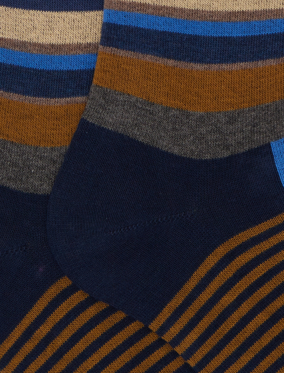 Men's long blue cotton socks with multicolour block motif, polka dots and Windsor stripes - Gallo 1927 - Official Online Shop