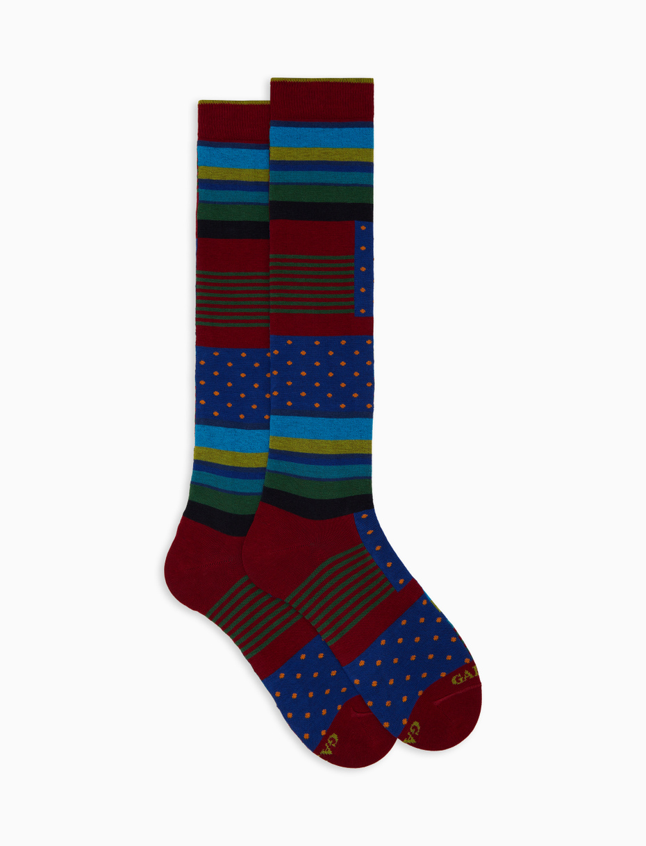 Men's long red cotton socks with multicolour block motif, polka dots and Windsor stripes - Gallo 1927 - Official Online Shop