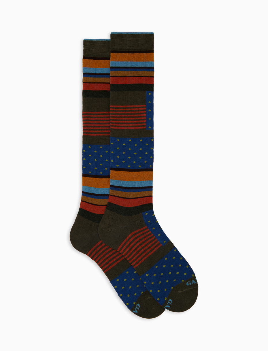 Men's long green cotton socks with multicolour block motif, polka dots and Windsor stripes - Gallo 1927 - Official Online Shop