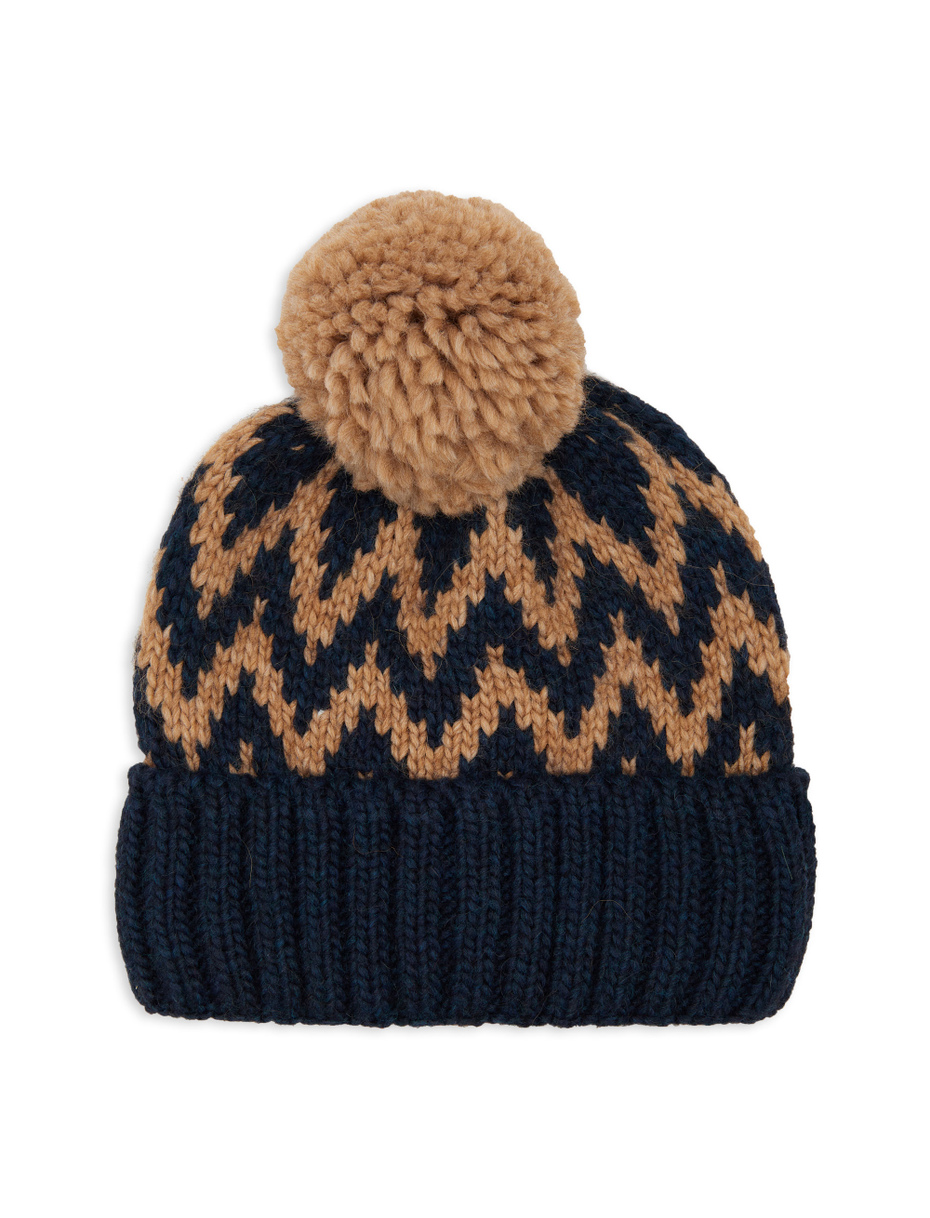 Berretto con risvolto e pom pon unisex lana blu fantasia chevron - Gallo 1927 - Official Online Shop