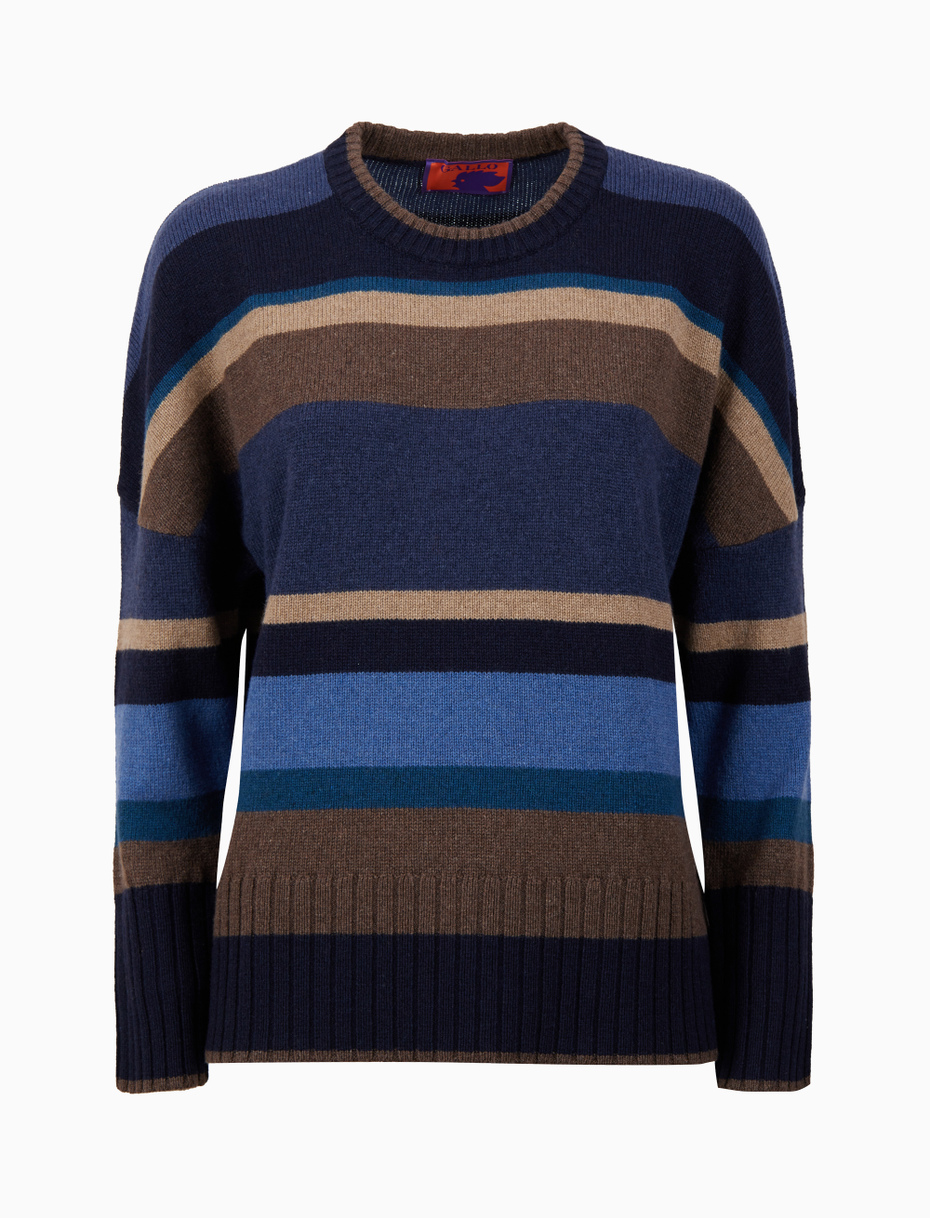 Women's blue wool crew-neck with multicoloured stripes - Gallo 1927 - Official Online Shop