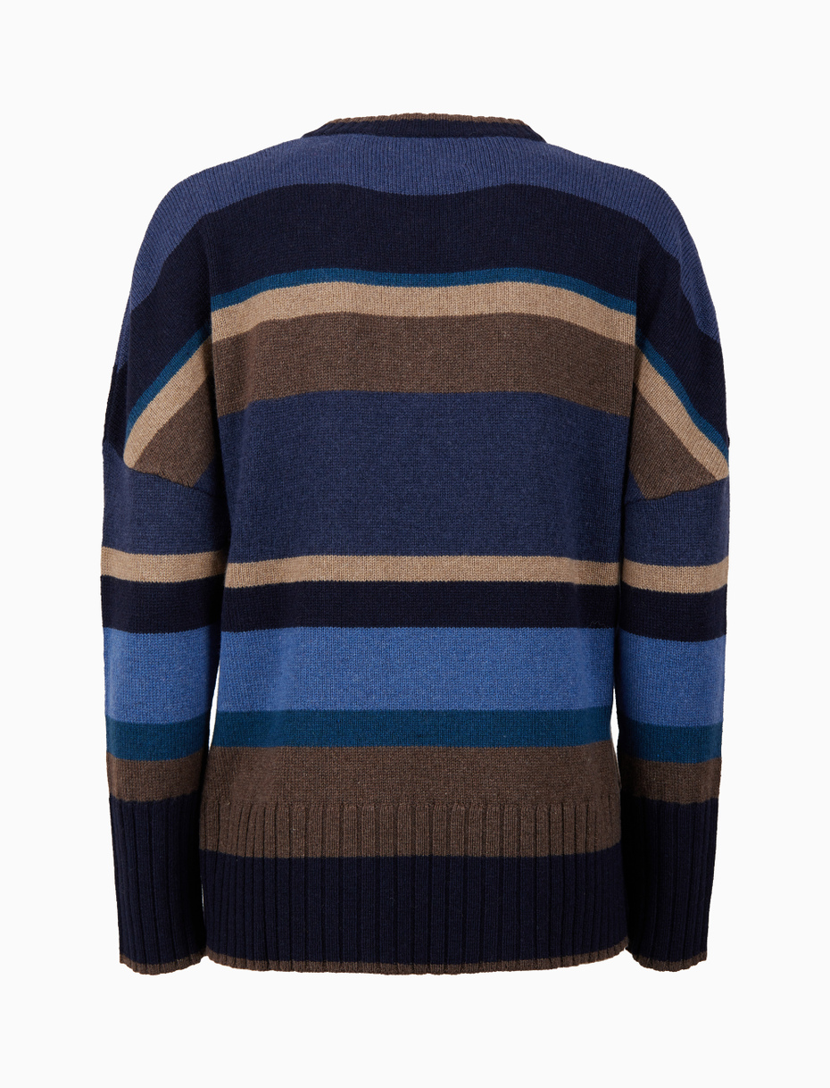 Women's blue wool crew-neck with multicoloured stripes - Gallo 1927 - Official Online Shop