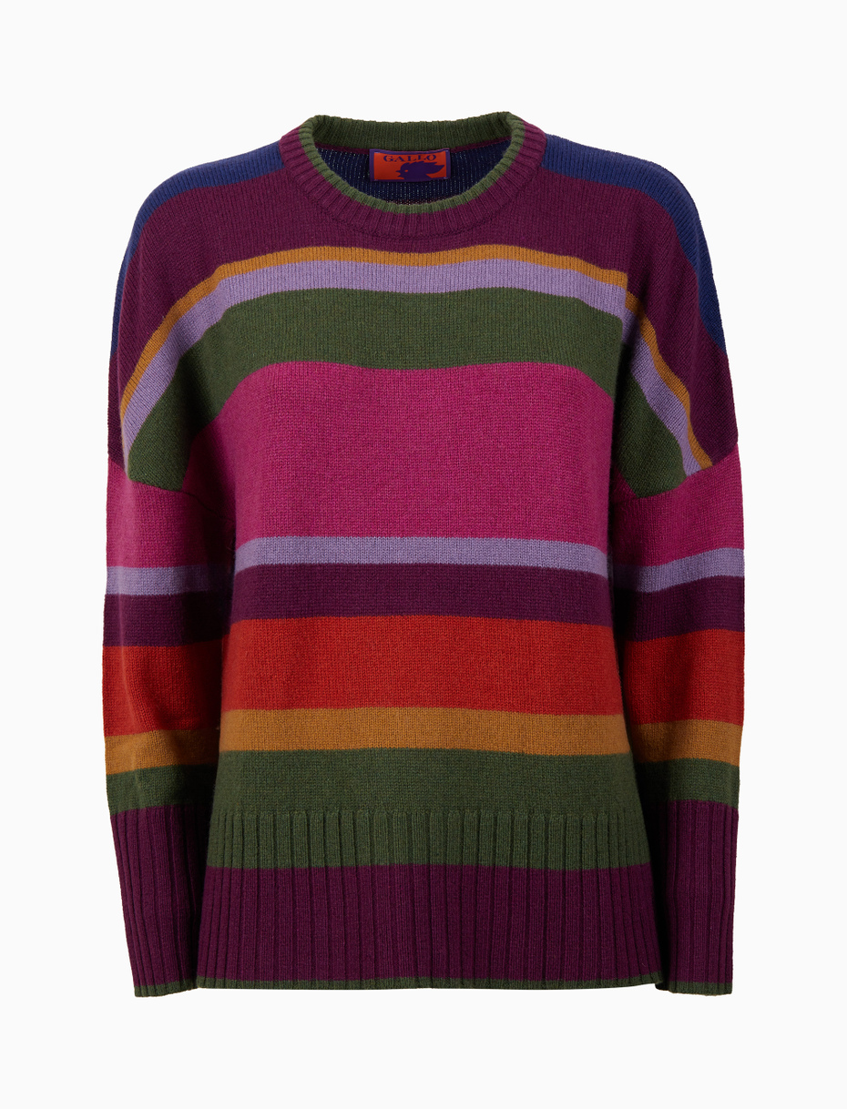Women's purple wool crew-neck with multicoloured stripes - Gallo 1927 - Official Online Shop