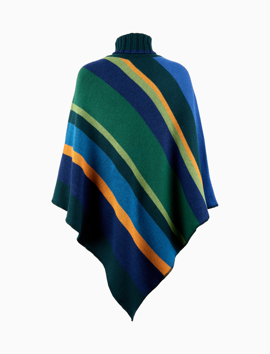 Women's green wool, viscose and cashmere high-neck poncho with multicoloured stripes - Gallo 1927 - Official Online Shop