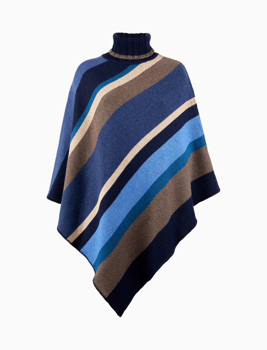 Women's blue wool, viscose and cashmere high-neck poncho with multicoloured stripes - Gallo 1927 - Official Online Shop