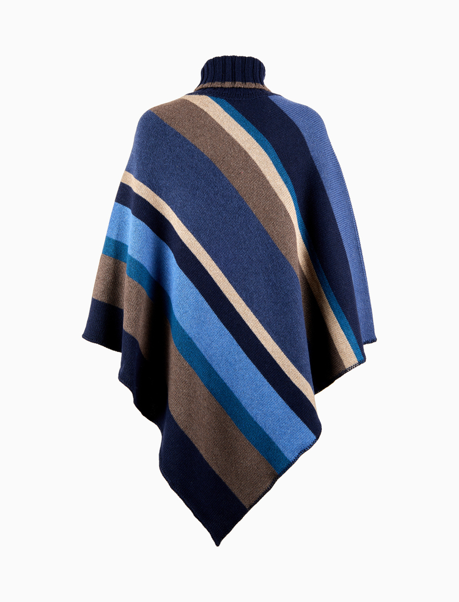 Women's blue wool, viscose and cashmere high-neck poncho with multicoloured stripes - Gallo 1927 - Official Online Shop