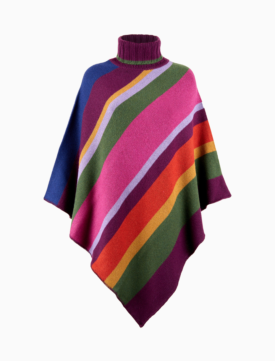 Women's purple wool, viscose and cashmere high-neck poncho with multicoloured stripes - Gallo 1927 - Official Online Shop