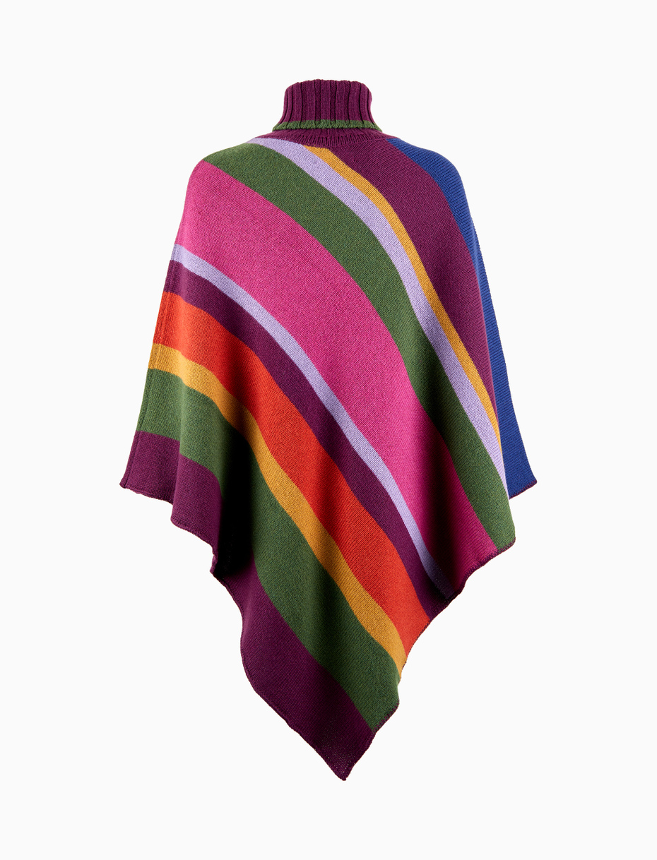 Women's purple wool, viscose and cashmere high-neck poncho with multicoloured stripes - Gallo 1927 - Official Online Shop