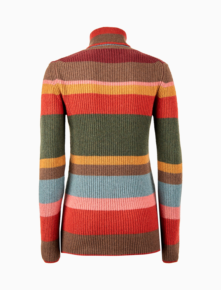 Women's pink ribbed wool, viscose and cashmere turtleneck with multicoloured stripes - Gallo 1927 - Official Online Shop