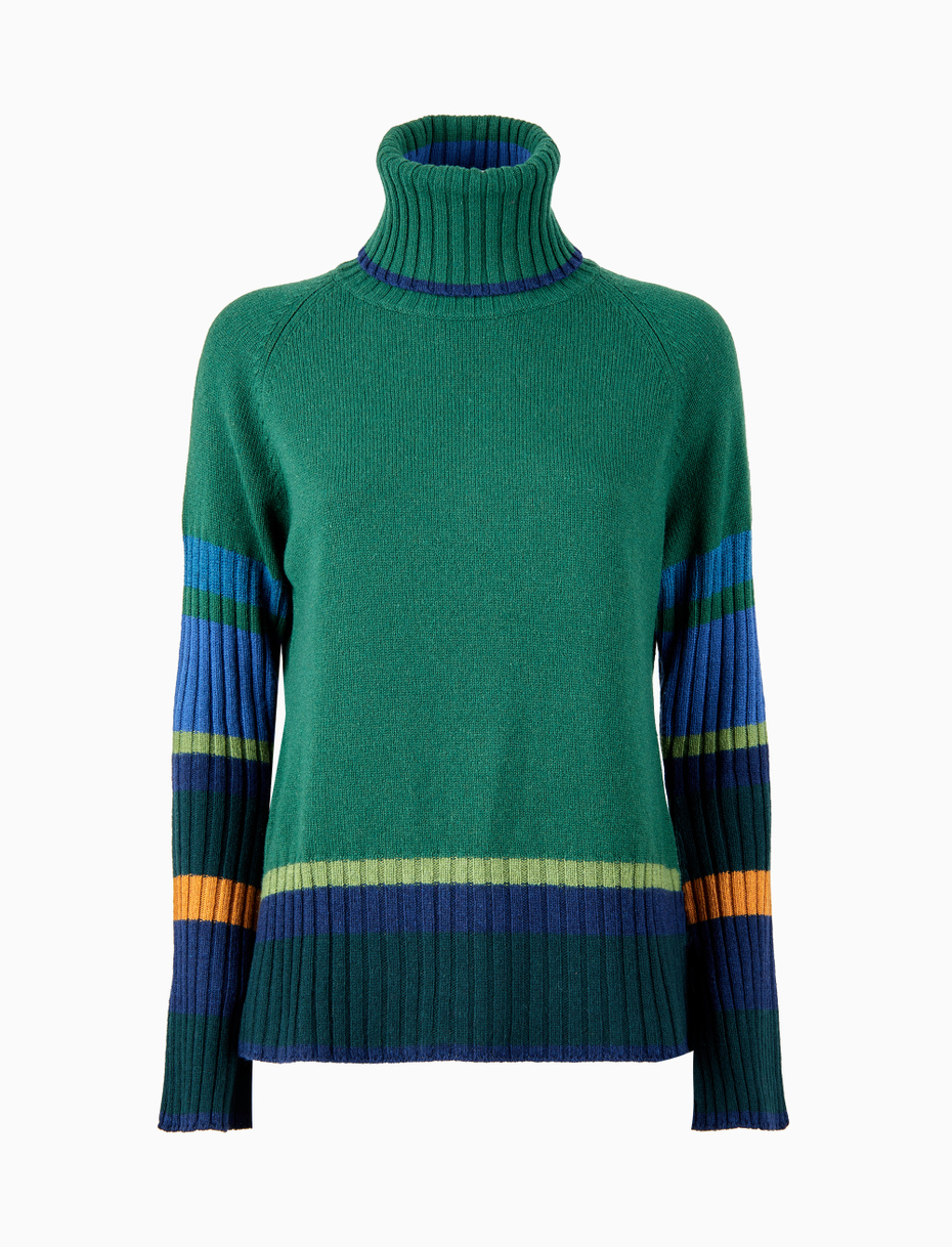 Women's plain green wool, viscose and cashmere turtleneck with contrasting multicoloured details - Gallo 1927 - Official Online Shop