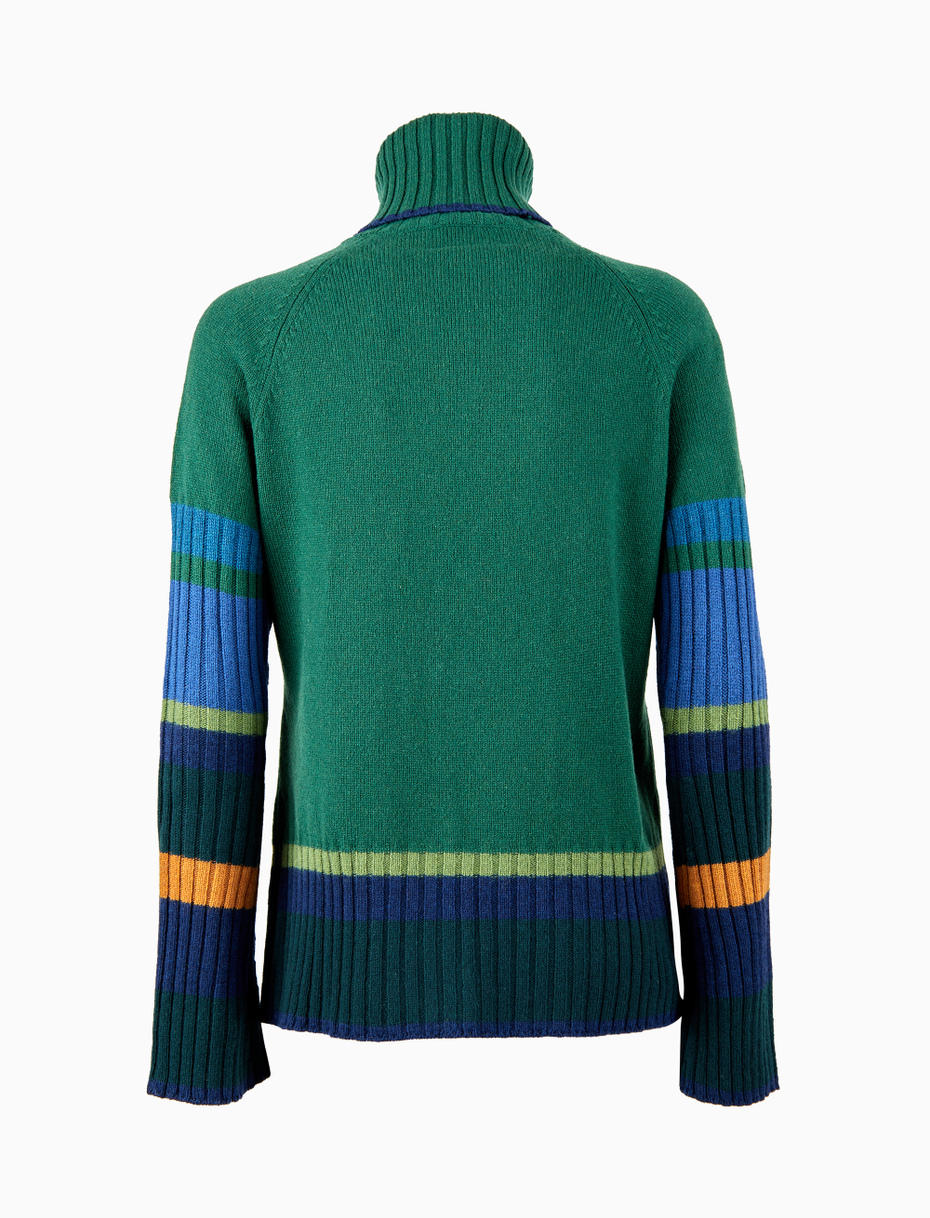 Women's plain green wool, viscose and cashmere turtleneck with contrasting multicoloured details - Gallo 1927 - Official Online Shop