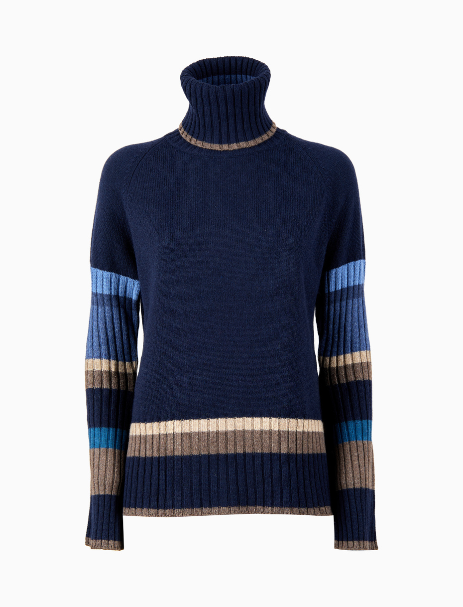 Women's plain blue wool, viscose and cashmere turtleneck with contrasting multicoloured details - Gallo 1927 - Official Online Shop