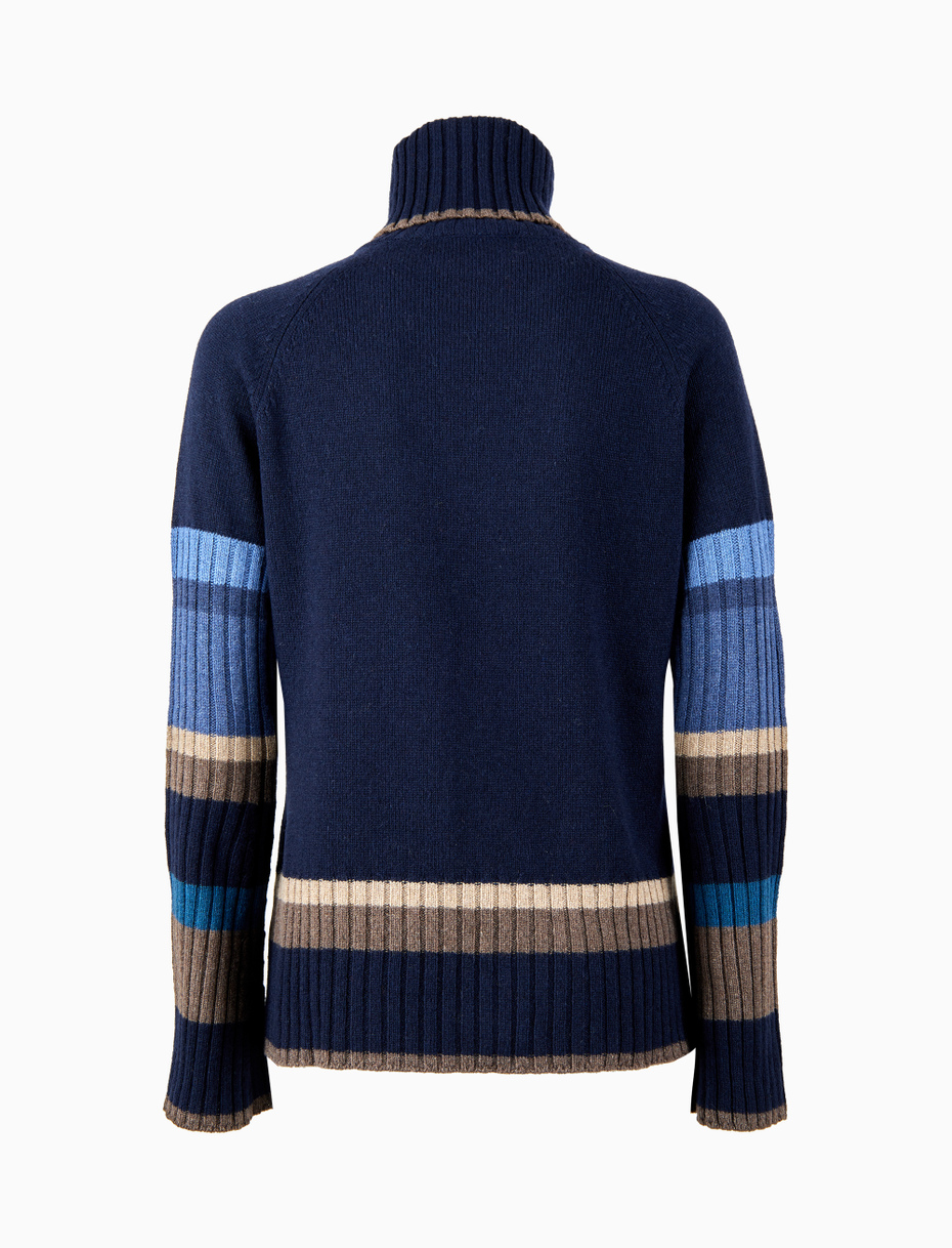 Women's plain blue wool, viscose and cashmere turtleneck with contrasting multicoloured details - Gallo 1927 - Official Online Shop