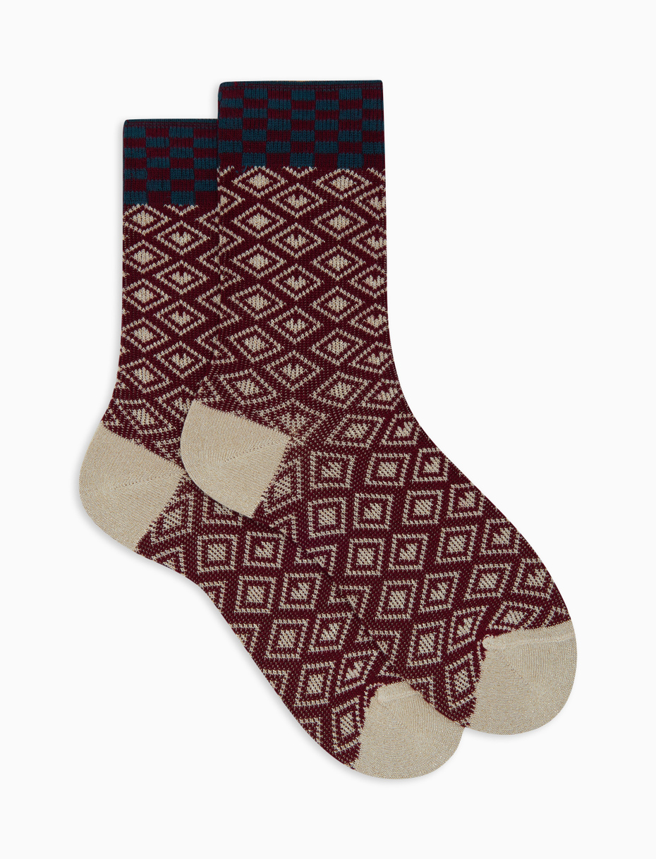 Calze corte donna cotone bordò fantasia rombi e cuori effetto scintillante - Gallo 1927 - Official Online Shop