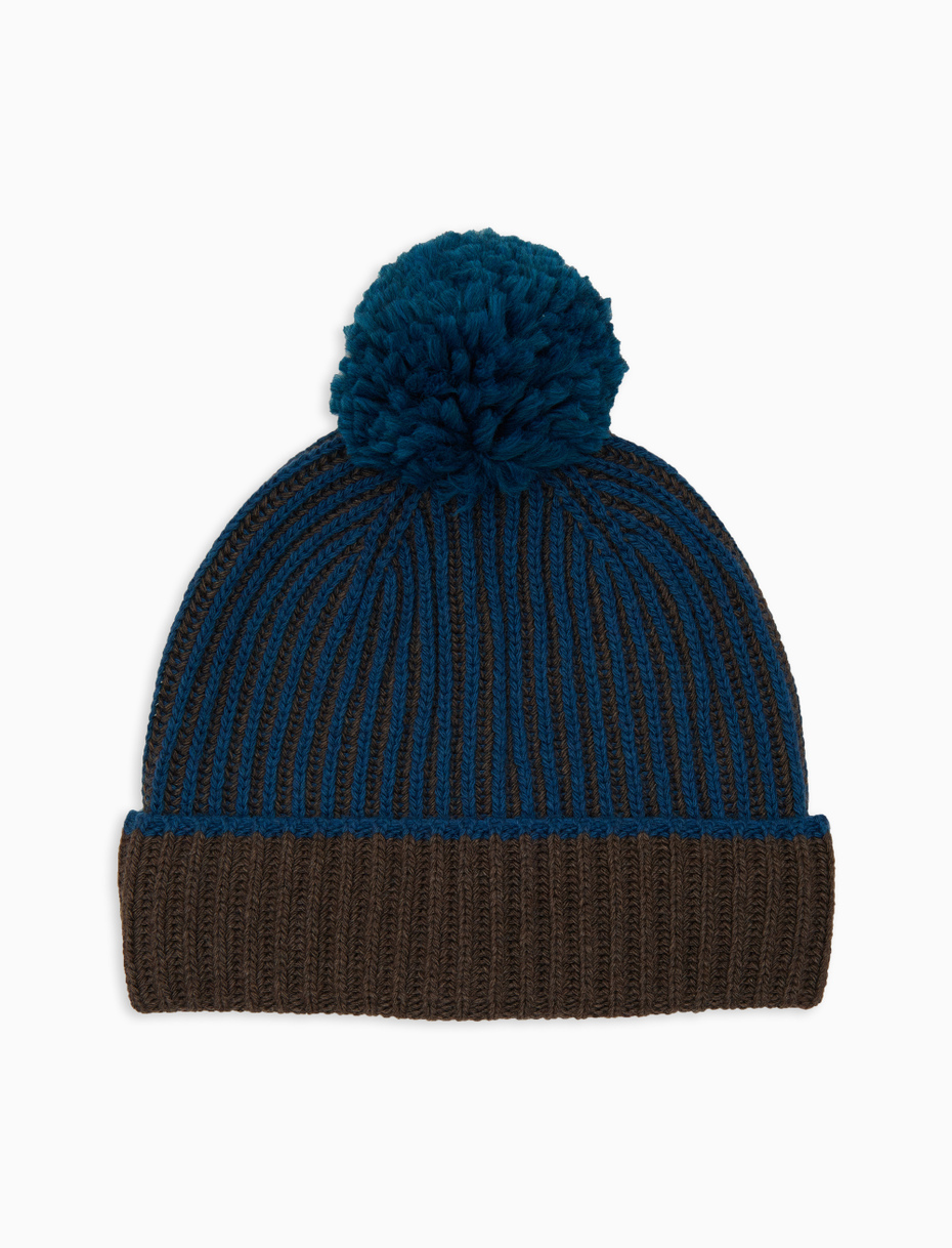 Berretto con risvolto e pom pon unisex lana, viscosa e cashmere blu costa inglese vanisé - Gallo 1927 - Official Online Shop