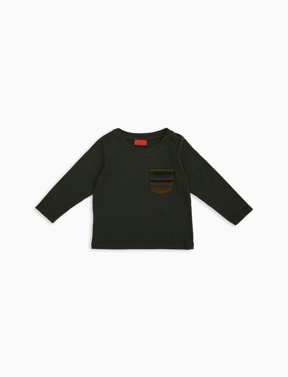 T-shirt maniche lunghe bambino cotone verde tinto capo e taschino pile multicolor - Gallo 1927 - Official Online Shop