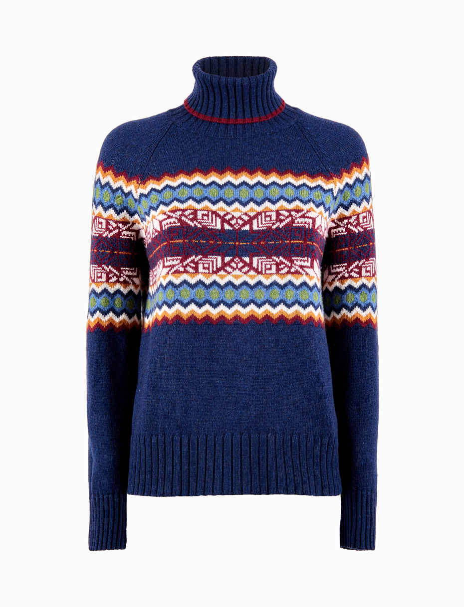 Pull dolcevita donna lana, viscosa e cashmere blu fantasia greca natalizia - Gallo 1927 - Official Online Shop