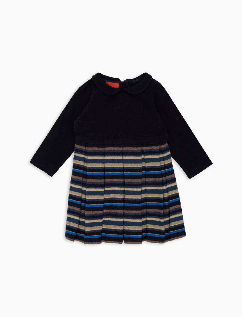 Vestito a trapezio maniche lunghe bambino pile blu tinta unita e righe multicolor - Gallo 1927 - Official Online Shop