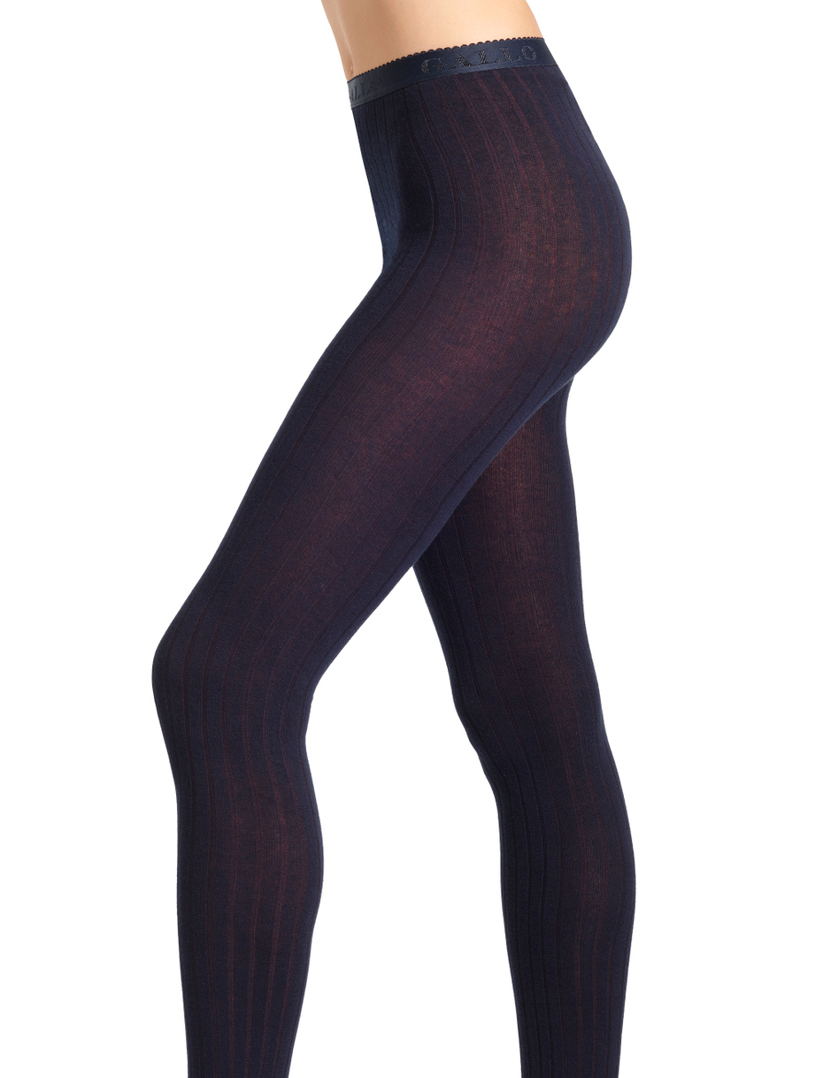 Women's blue cotton tights with plated rib - Gallo 1927 - Official Online Shop