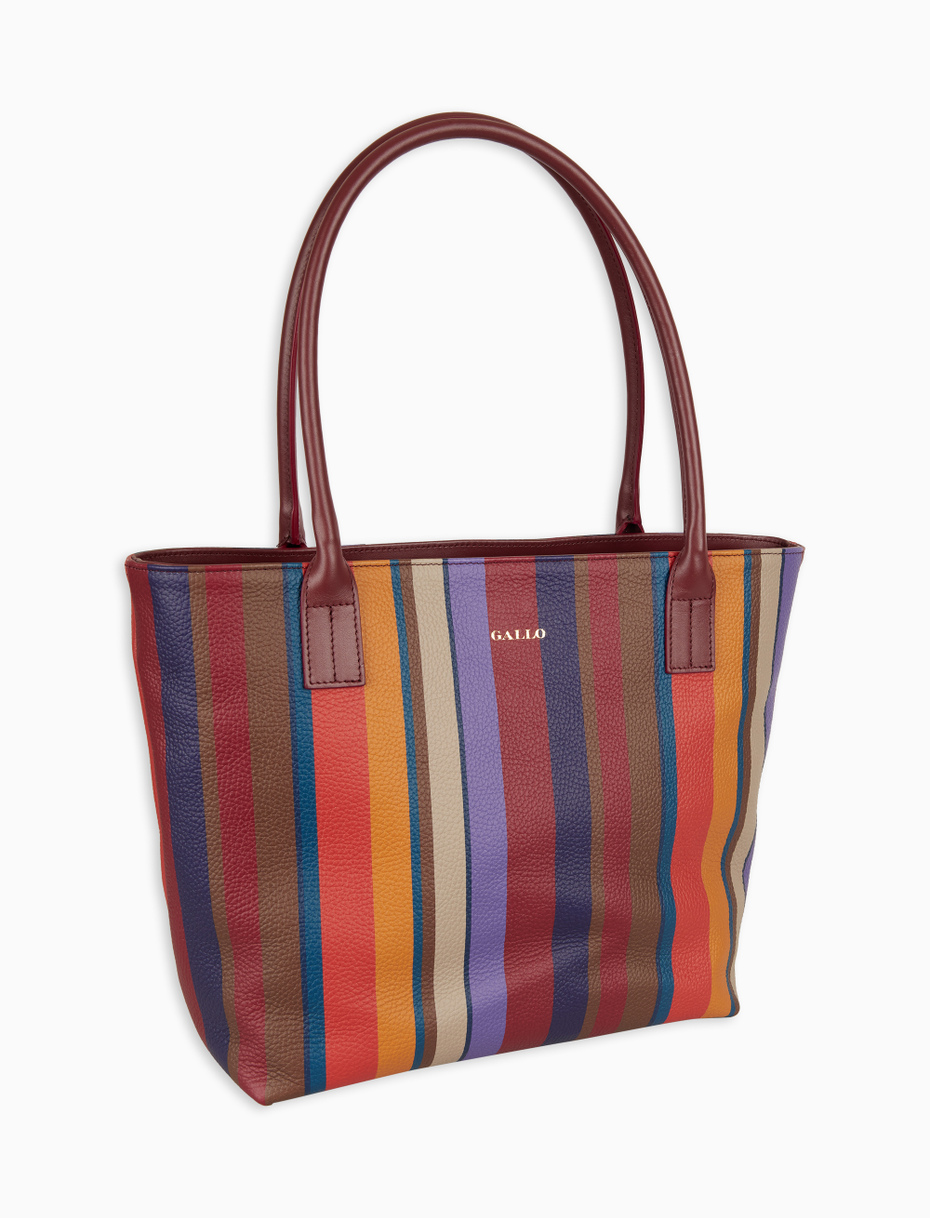 Women's large shopping bag in burgundy hammered leather with multicolored stripes - Gallo 1927 - Official Online Shop