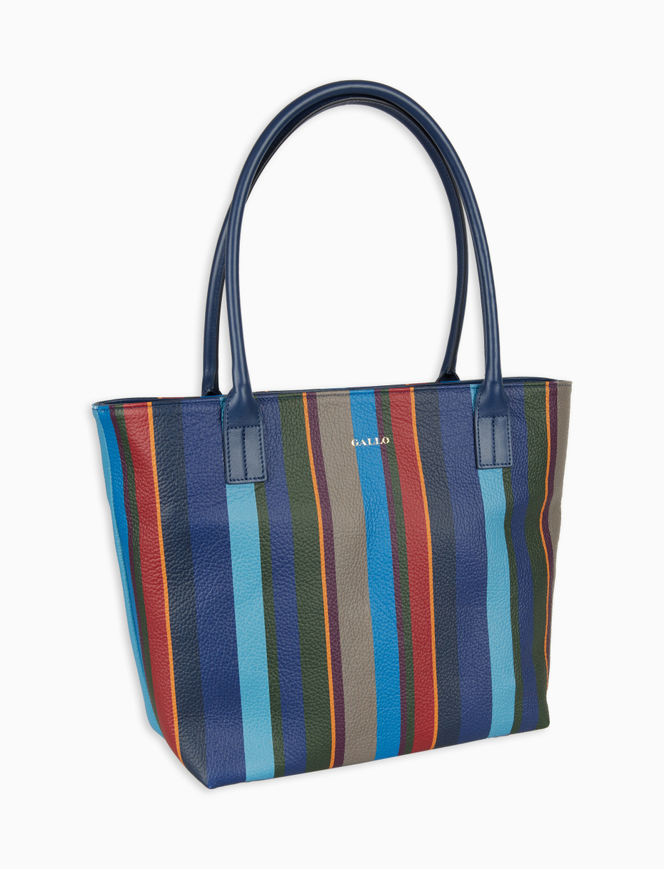Women's large shopping bag in blue hammered leather with multicolored stripes - Gallo 1927 - Official Online Shop