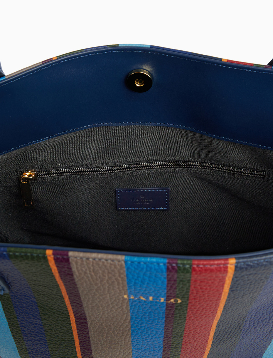 Women's large shopping bag in blue hammered leather with multicolored stripes - Gallo 1927 - Official Online Shop