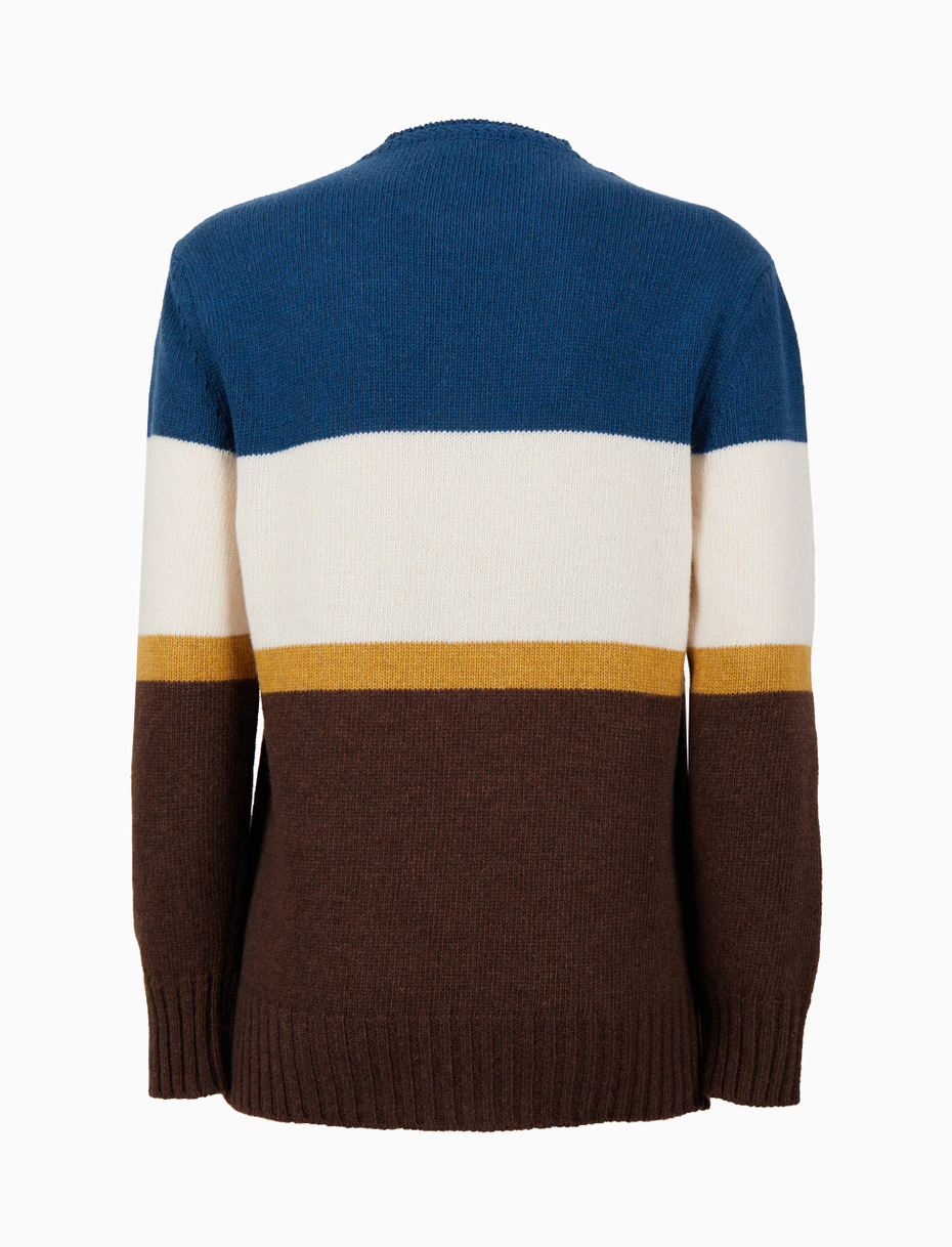 Women's block brown wool crew-neck with multicoloured stripes - Gallo 1927 - Official Online Shop