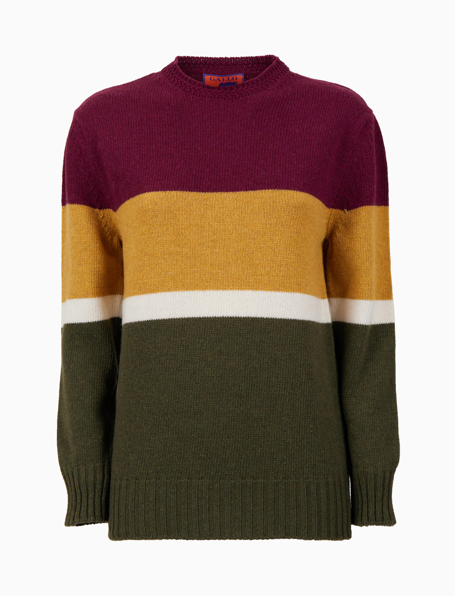 Women's block green wool crew-neck with multicoloured stripes - Gallo 1927 - Official Online Shop