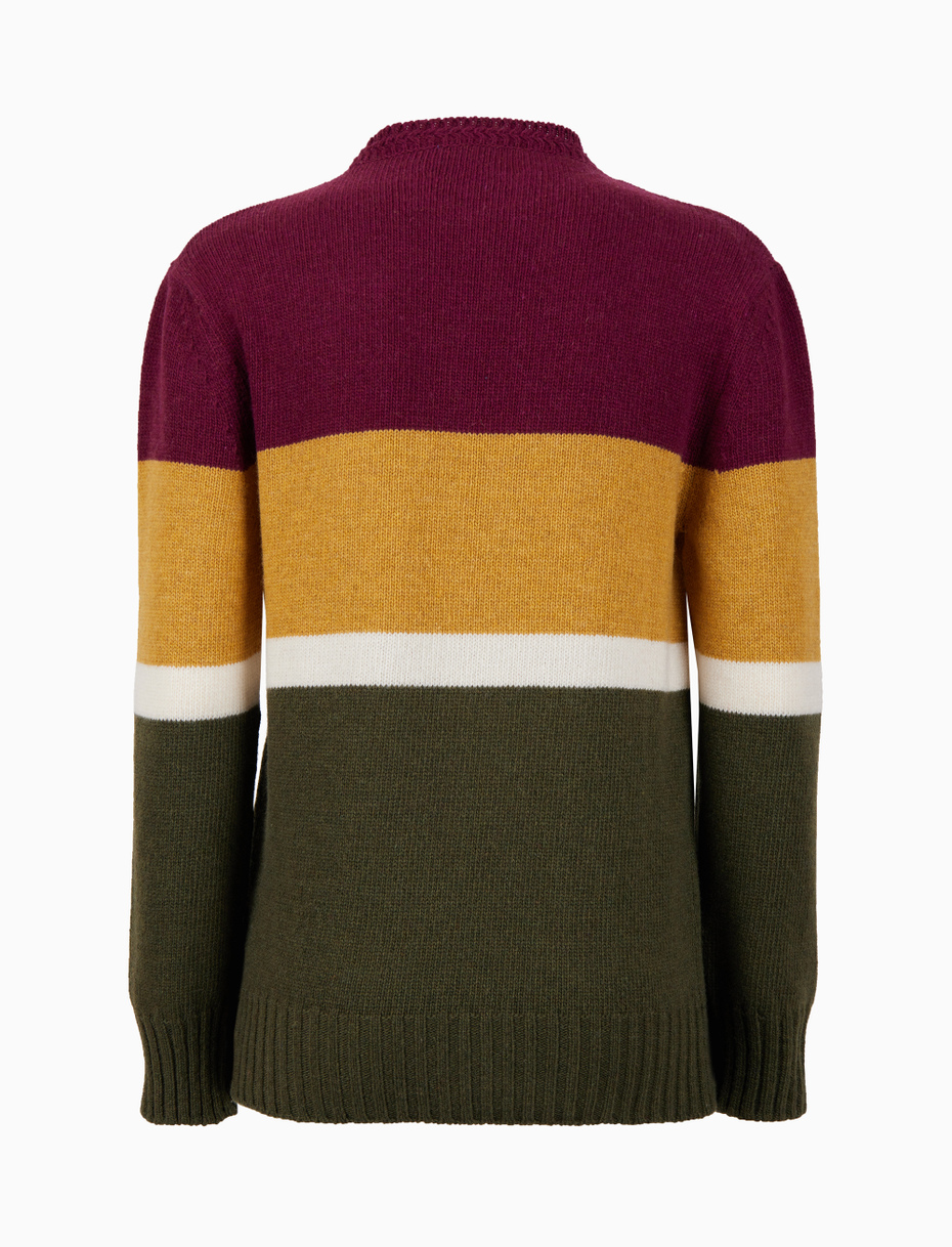 Women's block green wool crew-neck with multicoloured stripes - Gallo 1927 - Official Online Shop