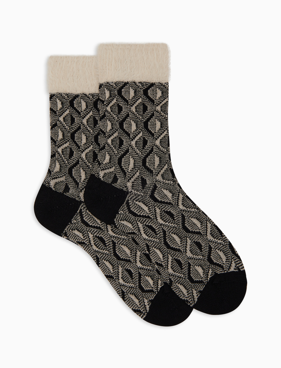 Calze corte donna lana, seta e cashmere nero fantasia geometrico effetto scintillante - Gallo 1927 - Official Online Shop