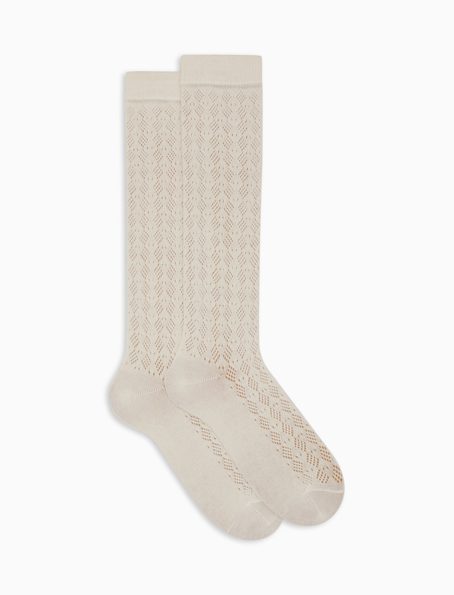 Women's long plain white cotton and cashmere socks with openwork - Gallo 1927 - Official Online Shop