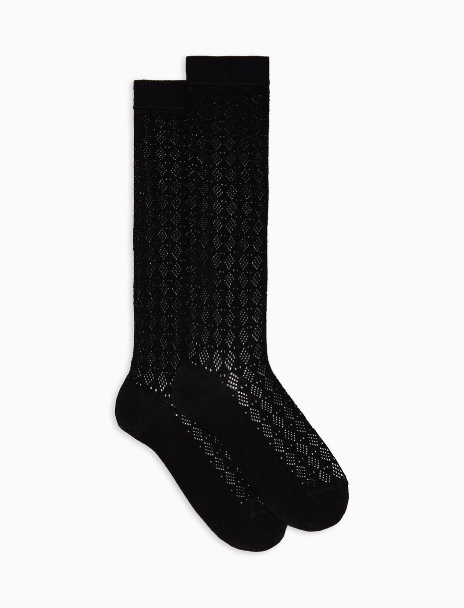 Women's long plain black cotton and cashmere socks with openwork - Gallo 1927 - Official Online Shop