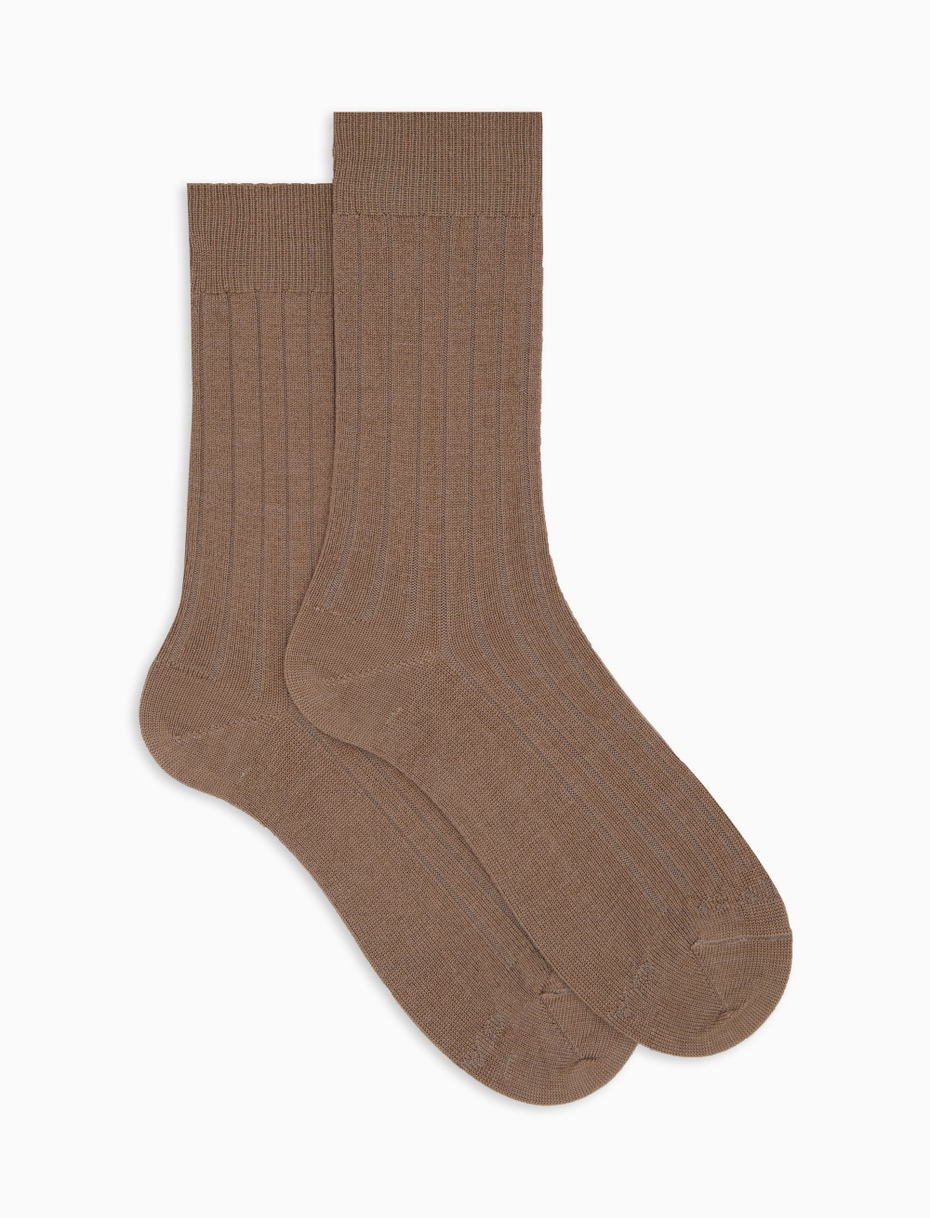 Men's short plain ribbed socks in beige wool - Gallo 1927 - Official Online Shop