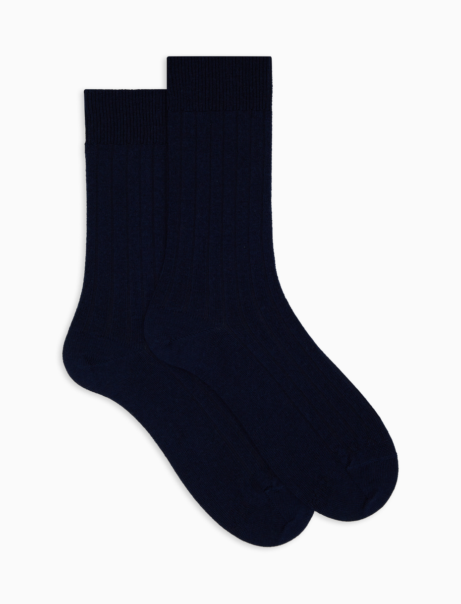 Men's short plain ribbed socks in blue wool - Gallo 1927 - Official Online Shop