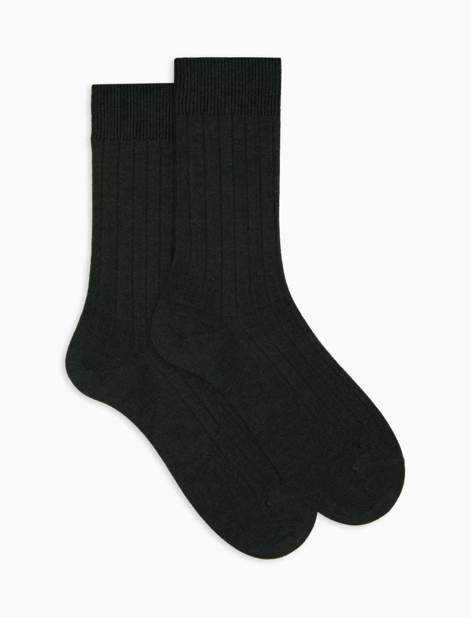 Men's short plain ribbed socks in green wool - Gallo 1927 - Official Online Shop