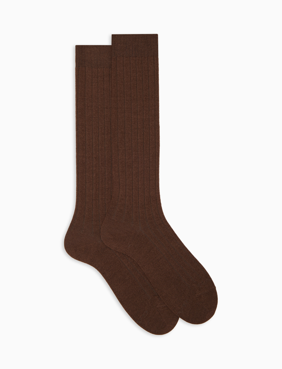 Men's long plain brown ribbed wool socks - Gallo 1927 - Official Online Shop