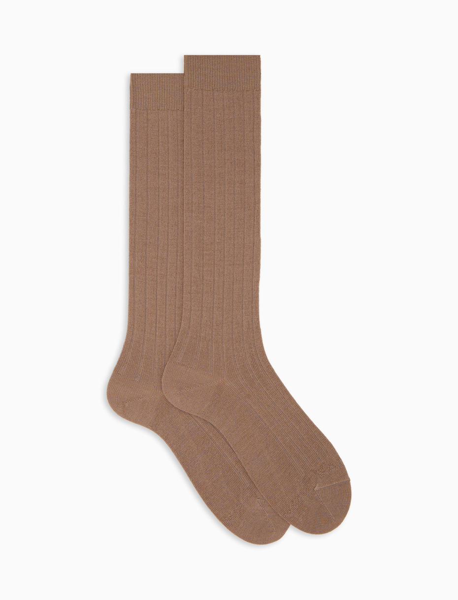 Men's long plain beige ribbed wool socks - Gallo 1927 - Official Online Shop