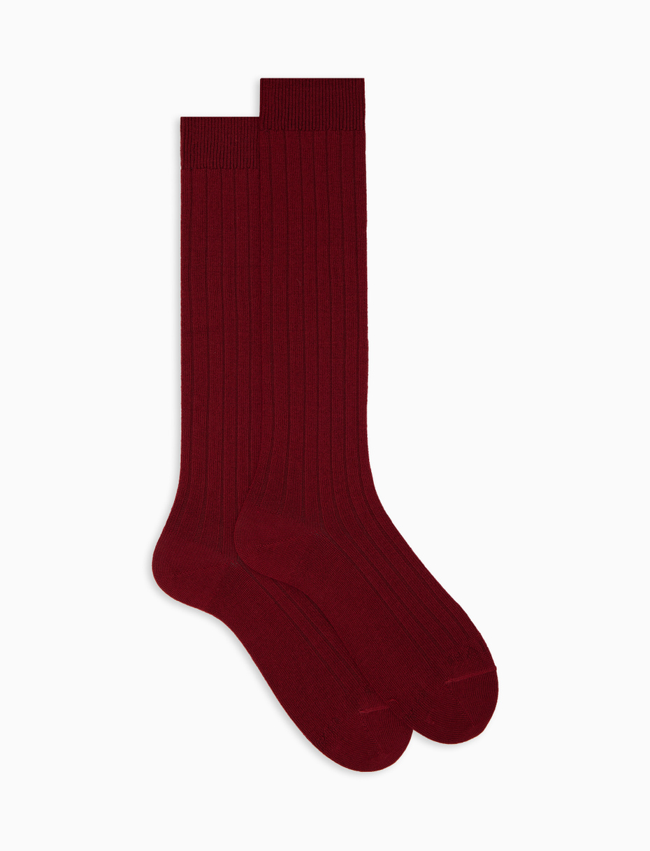 Men's long plain red ribbed wool socks - Gallo 1927 - Official Online Shop