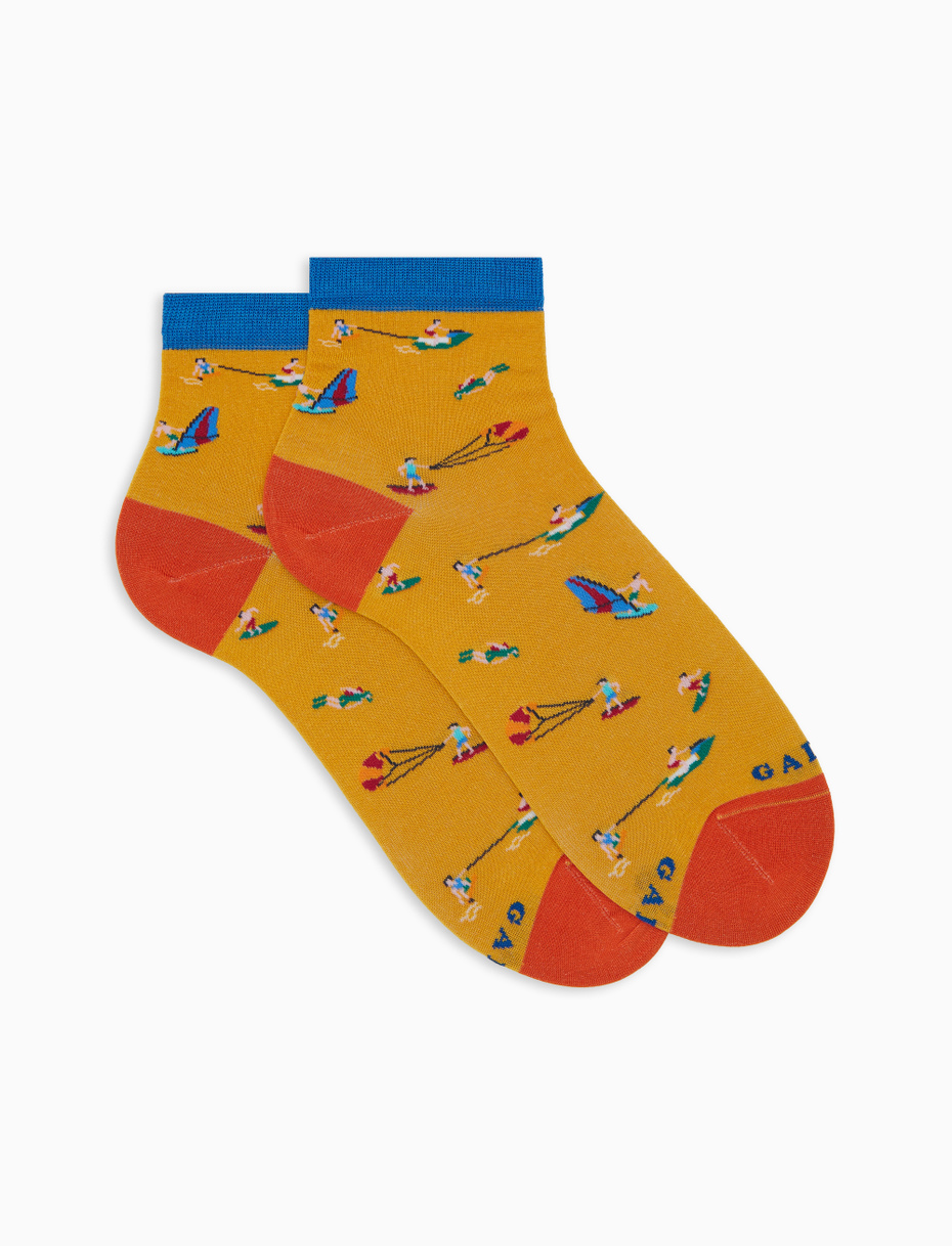 Women's cotton water sports patterned short socks yellow - Gallo 1927 - Official Online Shop