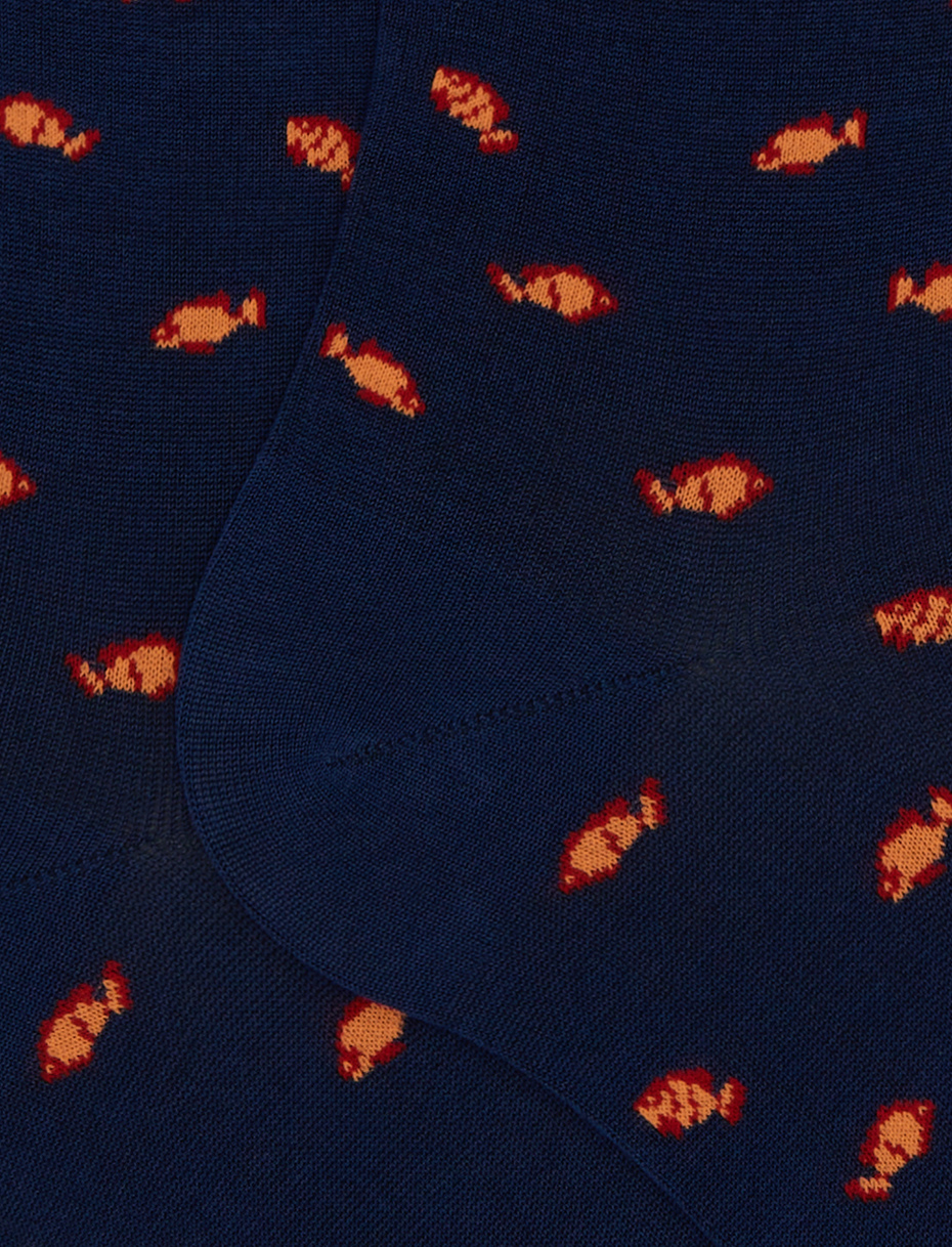 Men's long cotton socks with two-colour fish pattern blue - Gallo 1927 - Official Online Shop