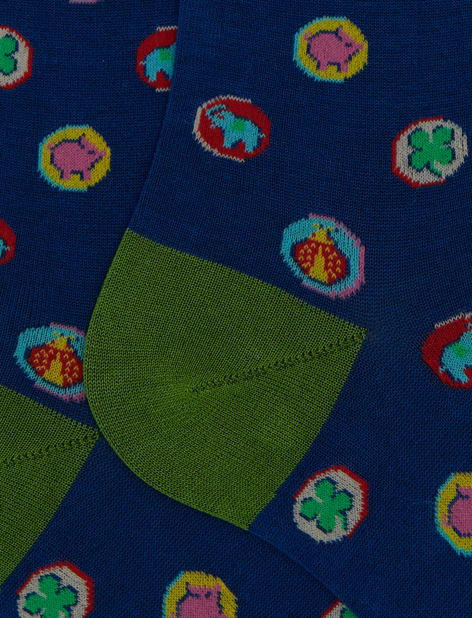 Men's long cotton socks with lucky charms pattern blue - Gallo 1927 - Official Online Shop