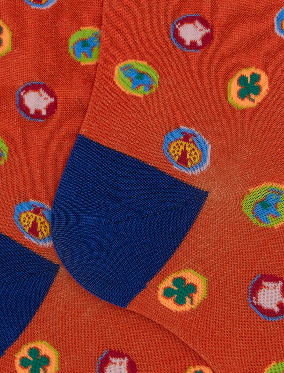 Men's long cotton socks with lucky charms pattern orange - Gallo 1927 - Official Online Shop
