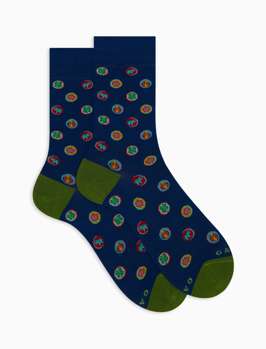 Men's short cotton socks with lucky charms pattern blue - Gallo 1927 - Official Online Shop