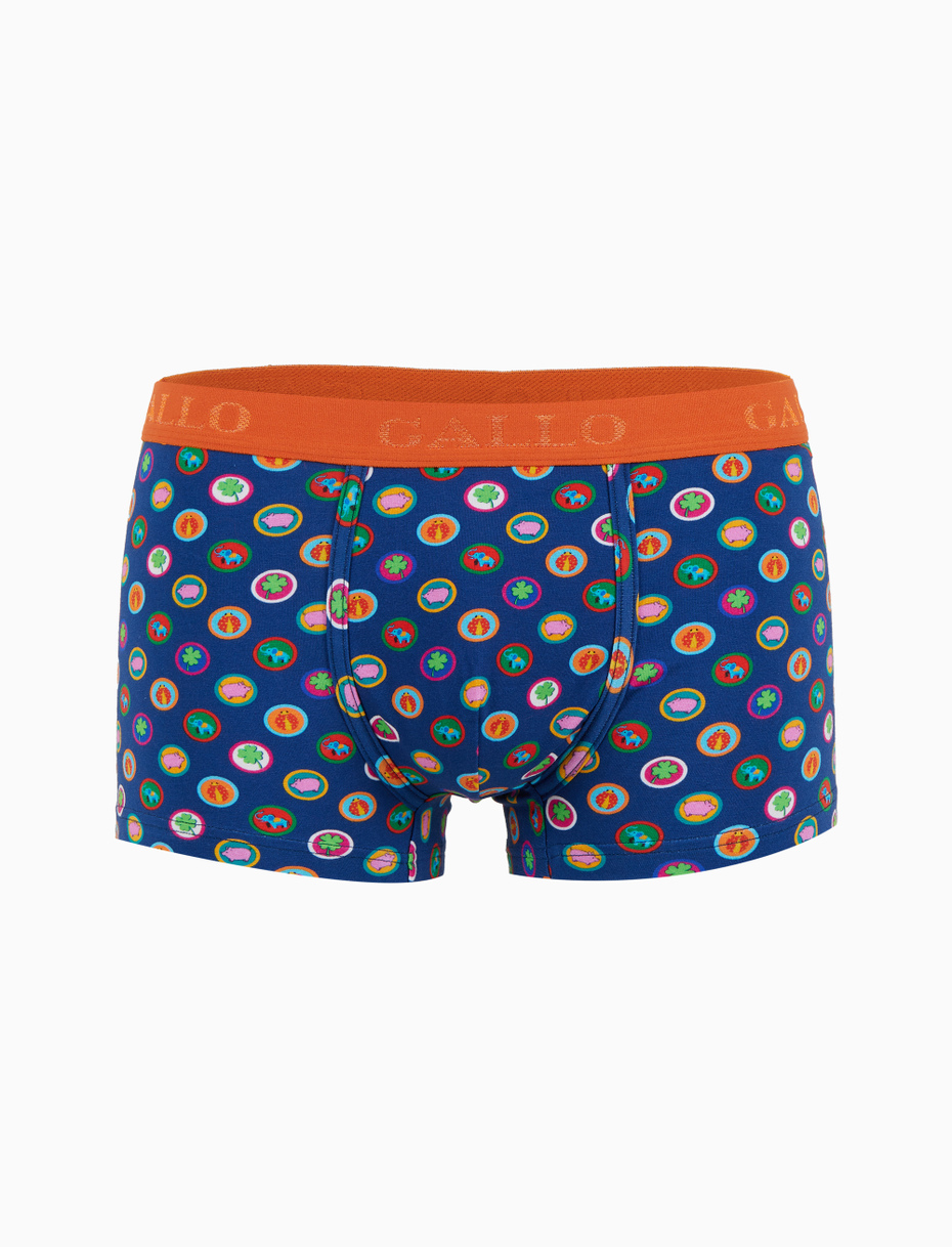 Men's blue cotton boxer briefs with good luck pattern - Gallo 1927 - Official Online Shop