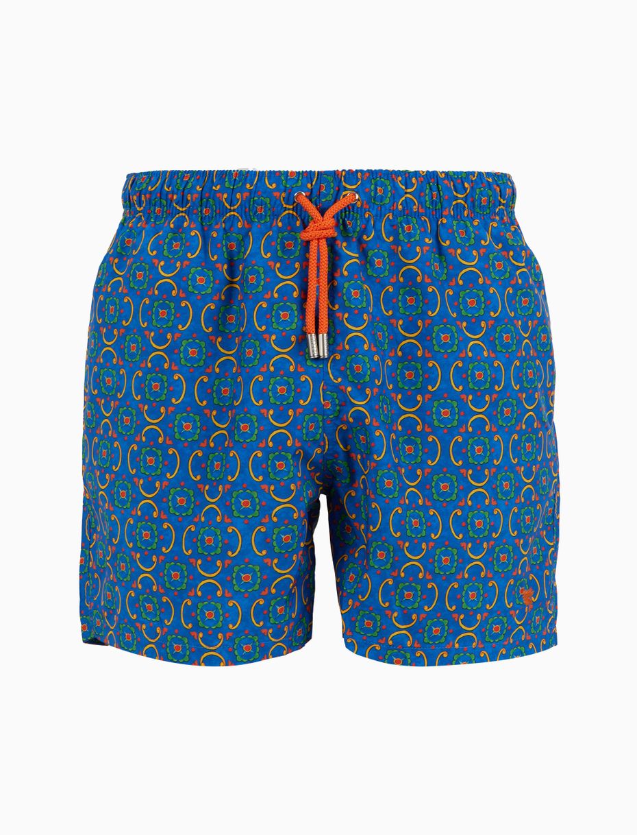 Men's blue swimming shorts with colorful ceramic pattern - Gallo 1927 - Official Online Shop