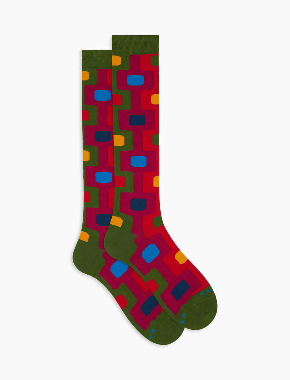 Women's green long cotton socks with vertical geometric pattern - Gallo 1927 - Official Online Shop