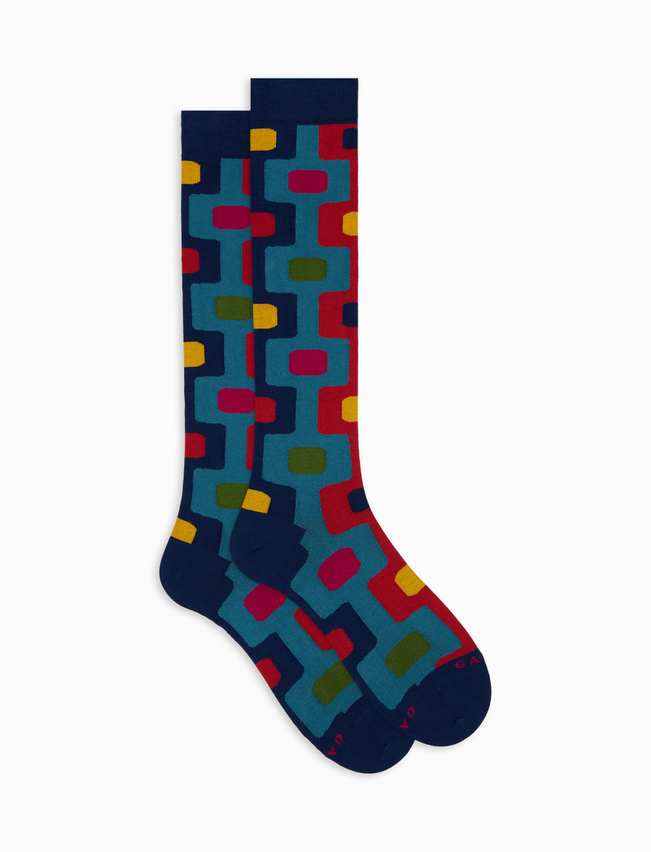 Women's blue long cotton socks with vertical geometric pattern - Gallo 1927 - Official Online Shop